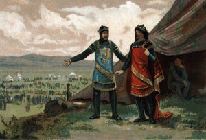 Henrik I, konge av Frankrike (1008-1060) mottok hertugen av Normandie Djevelen Robert (også kjent som Le Magnifique) og ga ham en hær for å gjenvinne riket sitt. Kromolitografi rundt 1890. av French School
