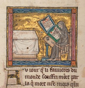 Eremitt som skriver ved et skrivebord, miniatyr fra "Estoire del Saint Graal, La Queste del Saint Graal, Morte Artu", ca. 1315-25 (blekk på pergament) av French School
