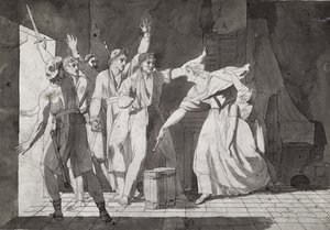 Heltemot av en kvinne som står overfor vendiske røvere etter å ha fått kontroll over Saint-Mithier, 1793 (se også 217884) av French School