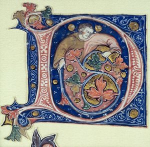 Historikert initial D som viser en mann som holder en vintreet av French School