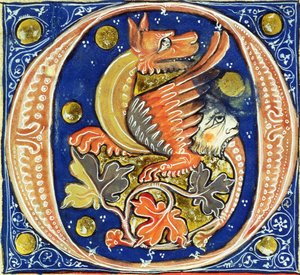 Historikert initial O som viser en bevinget griffin av French School