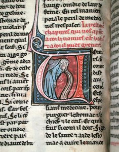 Historikert initial som viser en mann som kaster opp (vellum) av French School