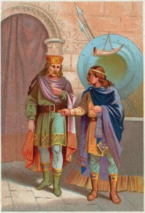 Historie. Frankrike. Childeric I, merovingerkonge, utvist av frankerne. Imagery, Frankrike, ca. 1900 (trykk) av French School