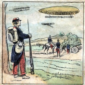 Aluminiums historie. Konstruksjon av flydeler og flyballonger laget av aluminium hvis lette vekt gjør det lettere å fly. Epinal avbildning, slutten av 1800-tallet. Privee samling. av French School