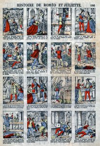 Romeo og Julies historie etter William Shakespeares skuespill (1564-1616). Epinal avbildning fra slutten av 1800-tallet. av French School