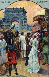 Turismehistorie: Vestlige turister i en gate i Lucknow, India (vestlige turister i en gate i Lucknow, India) Kromolitografi fra 1800-tallet Privat samling av French School