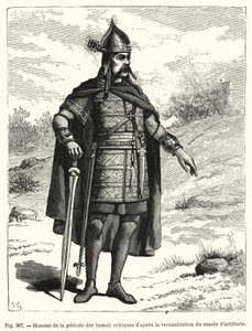 Mann fra perioden med den keltiske tumuli i henhold til rekonstitusjonen av artillerimuseet (gravering) av French School