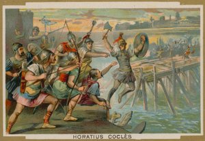 Horatius Cocles , romersk soldat, forsvarte Pons Sublicius mot den invaderende hæren til kongen av Clusium, 6. århundre f.Kr. av French School
