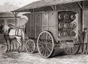 Hestetrukket kjøretøy brukt til å transportere komprimert gass i bærbare beholdere på 1800-tallet, fra Les Merveilles de la Science, publisert ca. 1870 (gravering) av French School