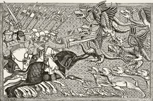 Hvordan Alexander kjempet mot dragene og en dyreart kalt Scorpion, fra "Vitenskap og litteratur i middelalderen" av Paul Lacroix (1806-84) publisert London 1878 av French School
