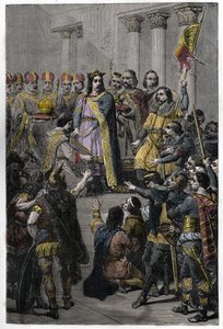 Hugh Capet elected King - Coronation of Hugues Capet (ca. 941-996), King of France, July 3, 987 at Noyon, by Adalberon (ca. 925-990), archeveque of Reims. av French School