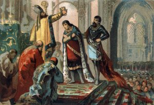 Hugues Capet, king of France from 987 to 996, made his son, the future Robert II the Pious (972 - 1031), sacred by Adalberon (circa 925-990), archeveque of Reims, to the Cathedrale d
