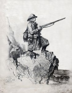 Jeger med hunden sin. (tegning av French School