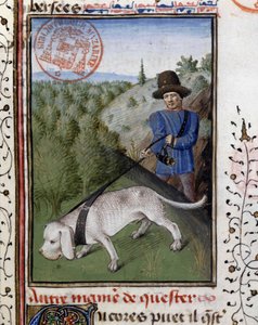 Jakthund holdt i bånd - i "" Book of Hunting av Gaston Phoebus, greve av Foix, Lord of Béarn"" av French School