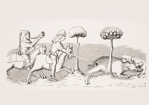 Villsvinjakt med hunder, reproduksjon av en miniatyr i manuskriptet «Livre de Roy du Modus» fra 1300-tallet, av Henri de Ferrieres, fra «Le Moyen Age et La Renaissance» av Paul Lacroix (1806–84) utgitt 1847 (lito) av French School