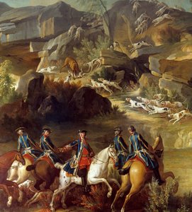 Jaktscene løp. Rytterne er på vei mot doeen som er beslaglagt av hundene. Detalj av et anonymt maleri fra 1700-tallet. Gien, Jaktmuseum av French School