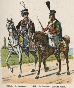 Husarer 1. vendemiar An XII (24. september 1803): Offiser, 2. husarer og 9. husarer i flott drakt i 1806. Plate fra boken Les Uniforms de l