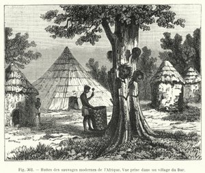 Hytter til de moderne villmennene i Afrika (gravering) av French School