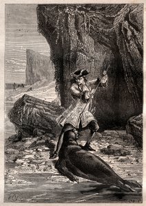 Jeg stakk spaden i brystet hans: Woodes Rogers (1679-1732) angrepet av en marinehund (sel) på en av Galapagosøyene i Stillehavet i 1709 - illustrasjon hentet fra "The Great Mariners of the 18th century" av French School