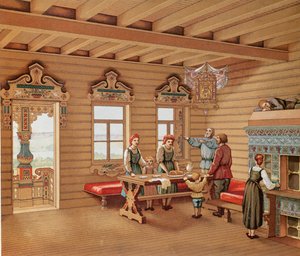 Idealisert interiør av en russisk izba, ca. 1880 (fargegravering) av French School