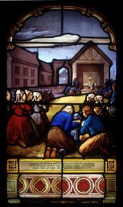 Ignace Le Garrec, vikarprest i Kerlaz under revolusjonen, feirer en siste sognemesse i en låve i Caouët, januar 1793 - glassmalerier av St Germain-kirken i Kerlaz av French School