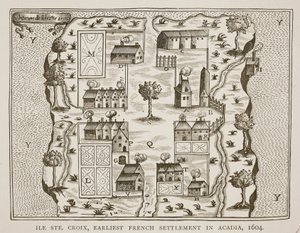 Ile Ste. Croix, den tidligste franske bosetningen i Acadia, 1604, fra Voyages av Samuel de Champlain (ca. 1580-1635), 1613 av French School