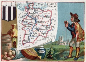 Ille-et-Vilaine (Ille et Vilaine, 35), Bretagne, Frankrike. Cider og smør. Serie om de franske avdelingene. Chromolithography (Chromo) "" den geografiske tråden"", ca 1920. Privat samling. av French School