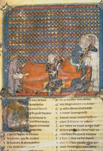 Opplyst side fra en antologi, som viser fra venstre mot høyre, Adenet le Roi, en minstrel for hertug Henry; grev Guy av Flandern; Marie, dronning av Frankrike og kone til Filip den dristige (1342-1404); og Mada av French School