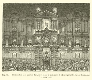 Belysning av galleriene i Louvre for fødselen til Monseigneur, hertugen av Burgund, 25. august 1682 av French School
