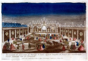 Belysning i feiringen av ekteskapet til Louis Auguste, delfin fra Frankrike (Louis XVI), med erkehertuginne Marie Antoinette, søster til keiseren - gravering av French School