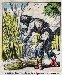 Illustrasjon For boken til Daniel Defoe (De foe) "" Robinson Crusoe"". Epinal avbildning fra slutten av 1800-tallet. av French School