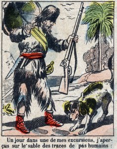 Illustrasjon For boken til Daniel Defoe (De foe) "" Robinson Crusoe"". Epinal avbildning fra slutten av 1800-tallet. av French School