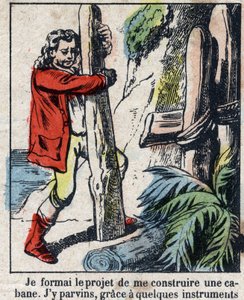 Illustration For the Book of Daniel Defoe (De foe) “” Robinson Crusoe””. Epinal imaging from the end of the 19th century. av French School