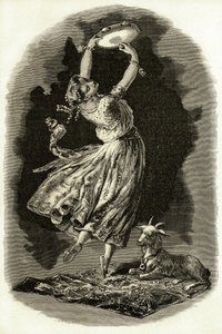 Illustrasjon for «Notre-Dame de Paris» av Victor Hugo: Esmeralda danser og spiller tamburin ved siden av geiten sin, fra 1900-tallet (litho) av French School