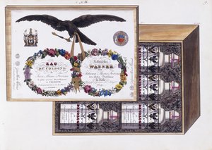 Illustrasjon for emballasjen til eau de Cologne, ca. 1825 (akvarell og kroppsfarge) av French School