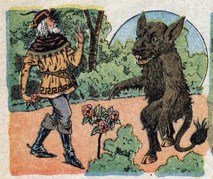 Illustrasjon for eventyret "Skjønnheten og beten"": kjøpmannen skjærer en rose i hagen til Bete for å bringe tilbake til datteren Belle. Gravering av Quinn-bilder, rundt 1890. av French School