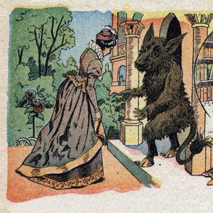 Illustrasjon til fortellingen "La Belle et la Bete"": den vakre ankommer slottet til Bete. Gravering av Quinn-bilder, rundt 1890. av French School