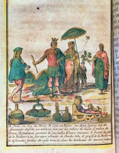 Illustrasjon fra en historie i Peru som viser en inkakonge og dronning med indiske ledsagere og et diagram av en bicharra av French School