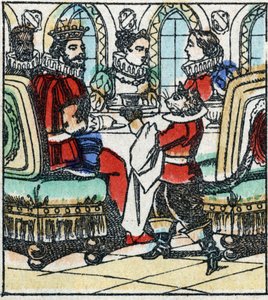 Illustrasjon av Charles Perraults fortelling "The Cat Botte". Tregravering av Imaging Pellerin - Epinal, sd. Sent på 1800-tallet. av French School