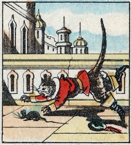 Illustrasjon av Charles Perraults fortelling "The Cat Botte". Tregravering av Imaging Pellerin - Epinal, sd. Sent på 1800-tallet. av French School