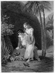 Illustrasjon av "Paul og Virginia"". Roman av Henri Bernardin de Saint Pierre (Saint-Pierre eller St-Pierre), fransk forfatter (1737-1814). av French School