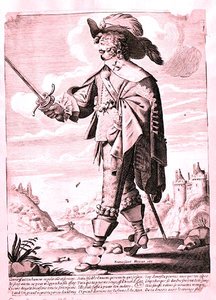 Illustrasjon av en soldat under Ludvig XIIIs regjeringstid (1601-43) (gravering) (s/hv foto) av French School