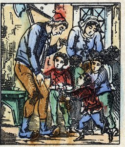 Illustrasjon av "" Le petit poucet ""-historien av Charles Perrault. Tregravering av Imaging Pellerin - Epinal, sd. Sent på 1800-tallet. av French School