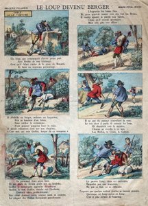 Illustrasjon av fabelen av Jean de la Fontaine (1621-1695): ulven ble en hyrde. Epinal avbildning fra slutten av 1800-tallet. av French School