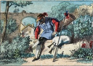 Illustrasjon av fabelen av Jean de la Fontaine (1621-1695): ulven ble en hyrde. Epinal avbildning fra slutten av 1800-tallet. av French School