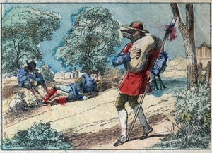Illustrasjon av fabelen av Jean de la Fontaine (1621-1695): ulven ble en hyrde. Epinal avbildning fra slutten av 1800-tallet. av French School