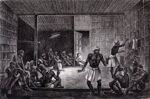 Illustrasjon publisert i 1862-utgaven av "Le Tour du monde" som viser en sesjon med eksorcisme praktisert av dayakene på øya Borneo. Gravering. av French School