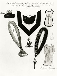 Illustrasjoner av frimurerregalier og kjolen til ridderen Kadosh, 30. grad, i Scottish Rite of Freemasonry, 1813 (penn, blekk og gouache på papir) av French School