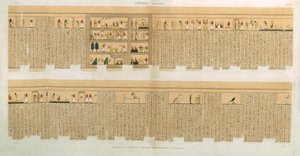 Illustrasjoner av et Pampus-manuskript med hieroglyfer, Hypogees, Theben, plate 75 fra Vol II av `Descriptions of Egypt`, gravert av Willemin, pub. 1822 (akvatint)