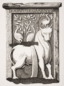 Bilde av Holy Ox Celtic-monumentet funnet under koret til Notre Dame-katedralen i Paris i 1711, fra Le Moyen Age et La Renaissance av Paul Lacroix (1806-84) publisert 1847 av French School